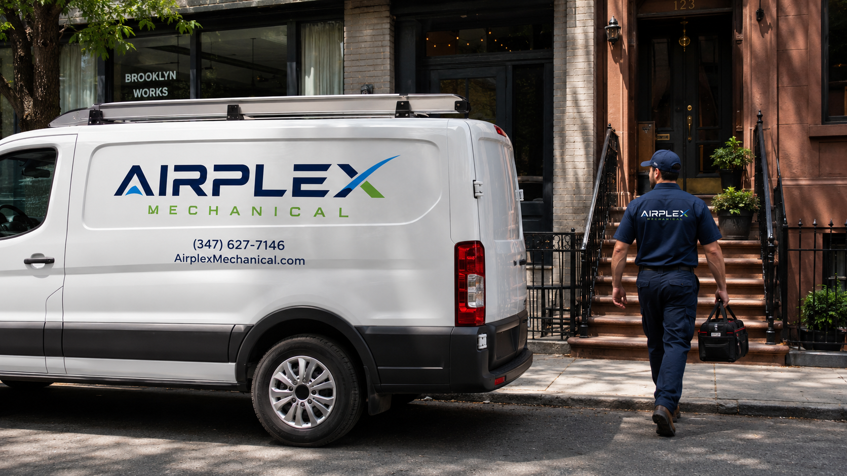 Airplex Mechanical service vehicle at a New York City property during a service call.