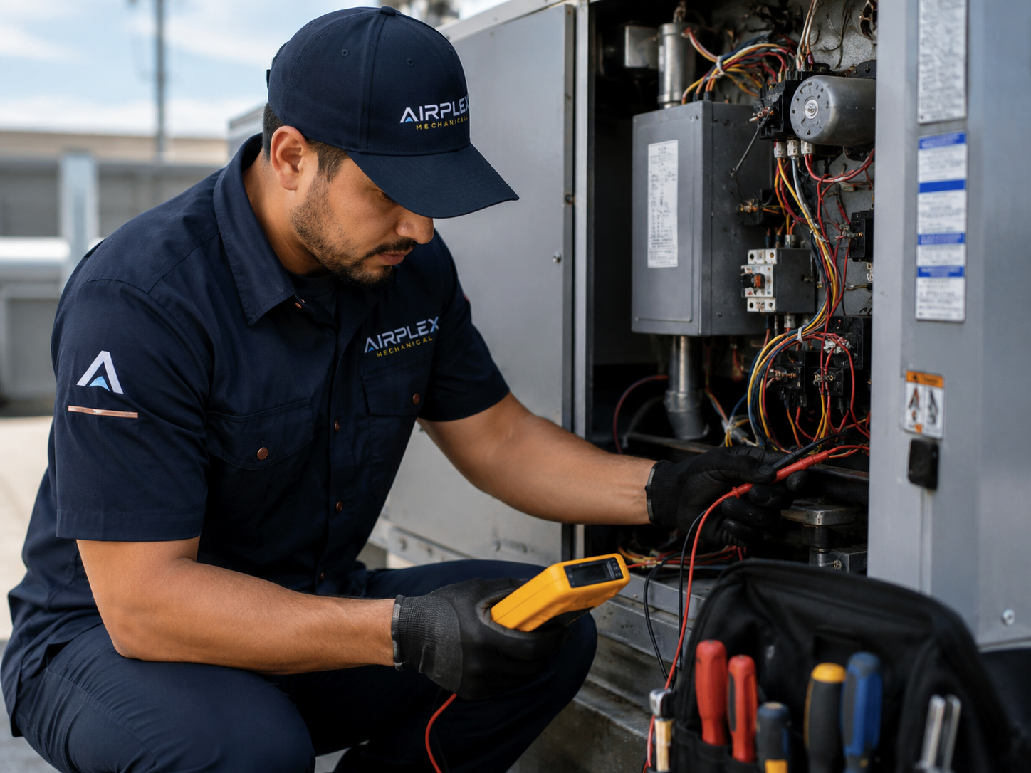 Airplex Mechanical technician servicing an HVAC electrical panel with diagnostic tools.