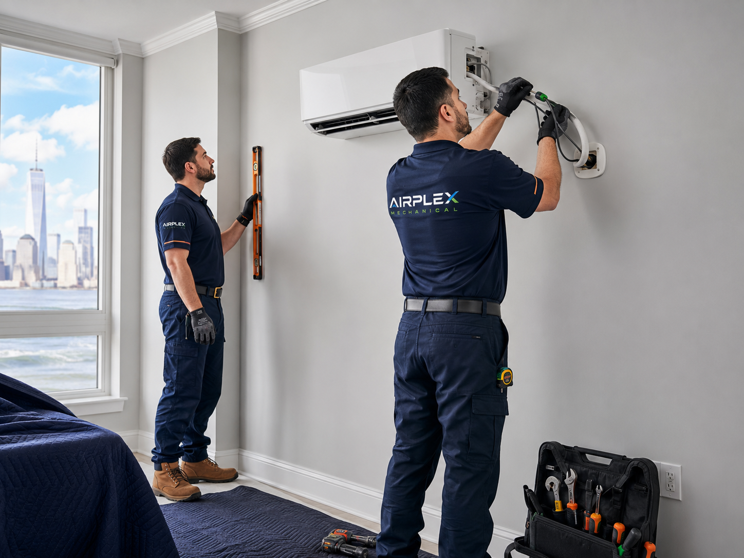 Airplex Mechanical technicians installing a ductless HVAC system in a city apartment.
