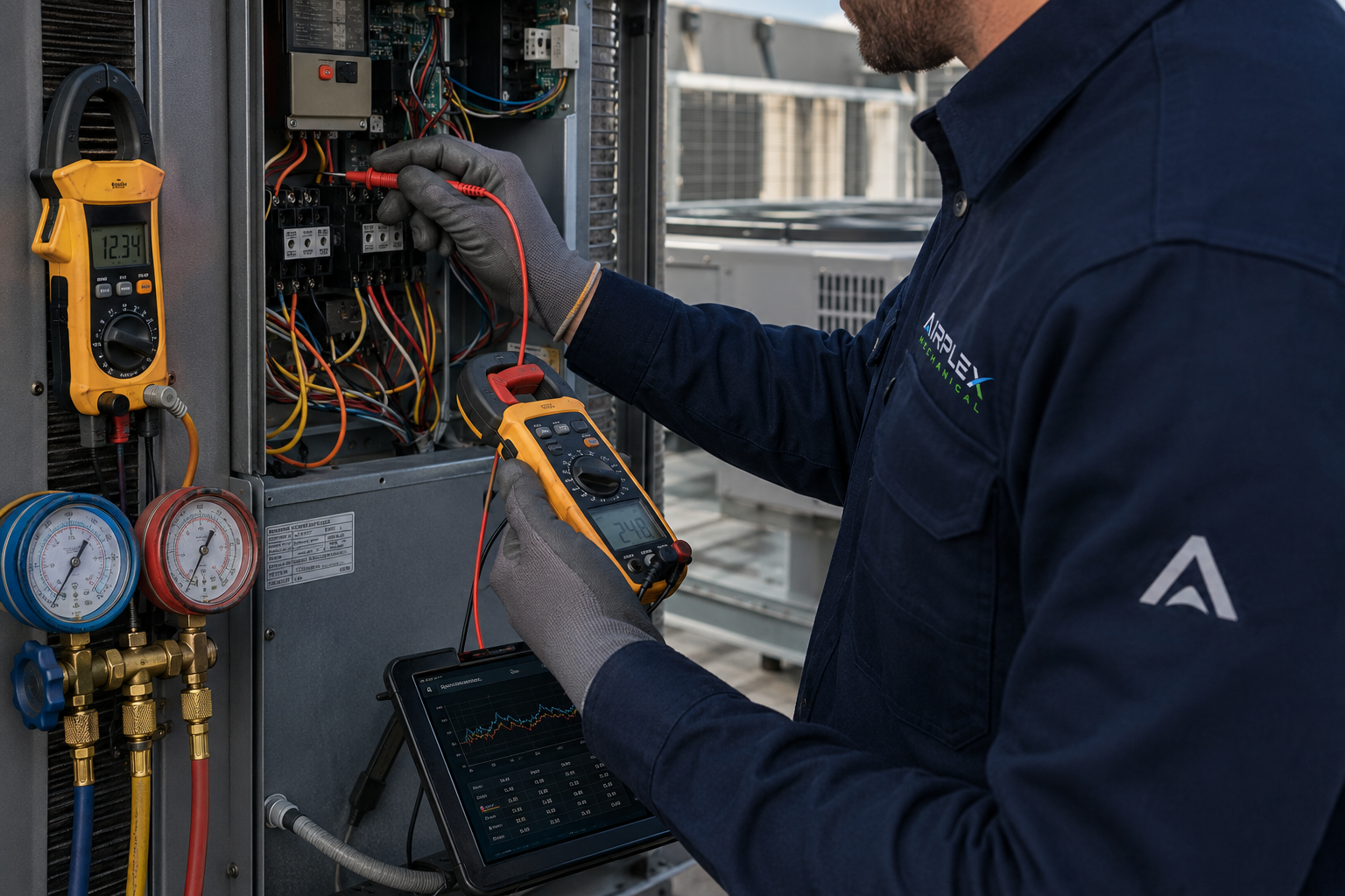 Airplex Mechanical technician performing precision HVAC diagnostics with meters and gauges.