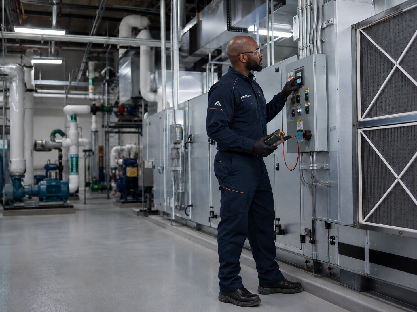 Airplex Mechanical technician inspecting an industrial HVAC control panel.