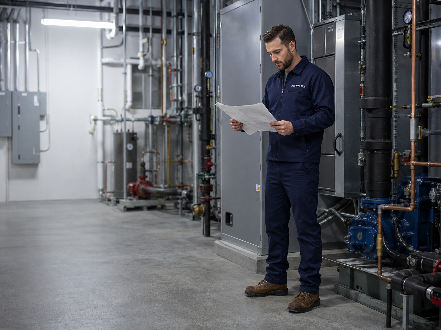 Airplex Mechanical technician reviewing system plans in a mechanical room.