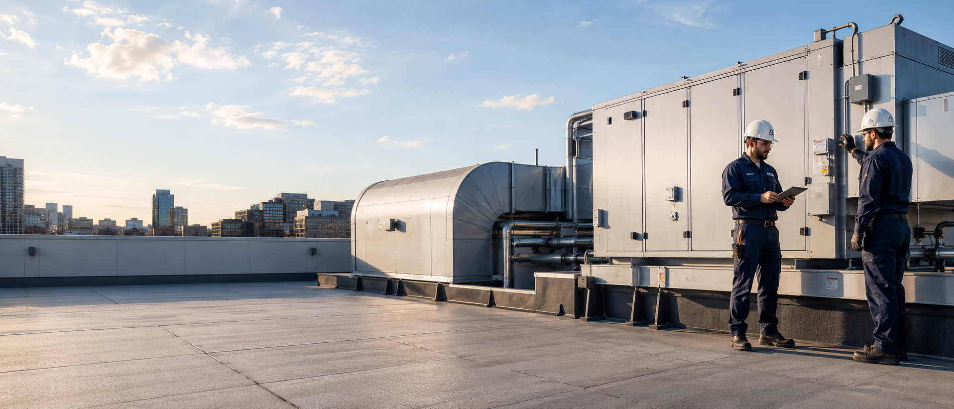 Airplex Mechanical technicians inspecting completed rooftop HVAC work at sunset.