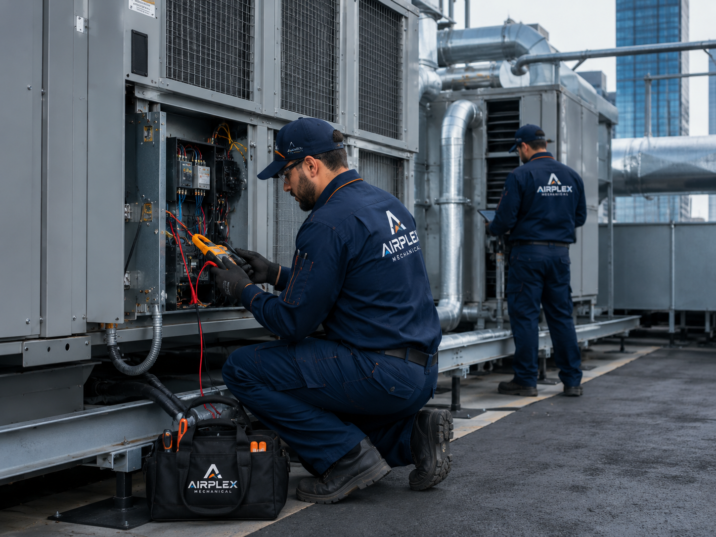 Airplex Mechanical technicians maintaining commercial and industrial rooftop HVAC equipment.