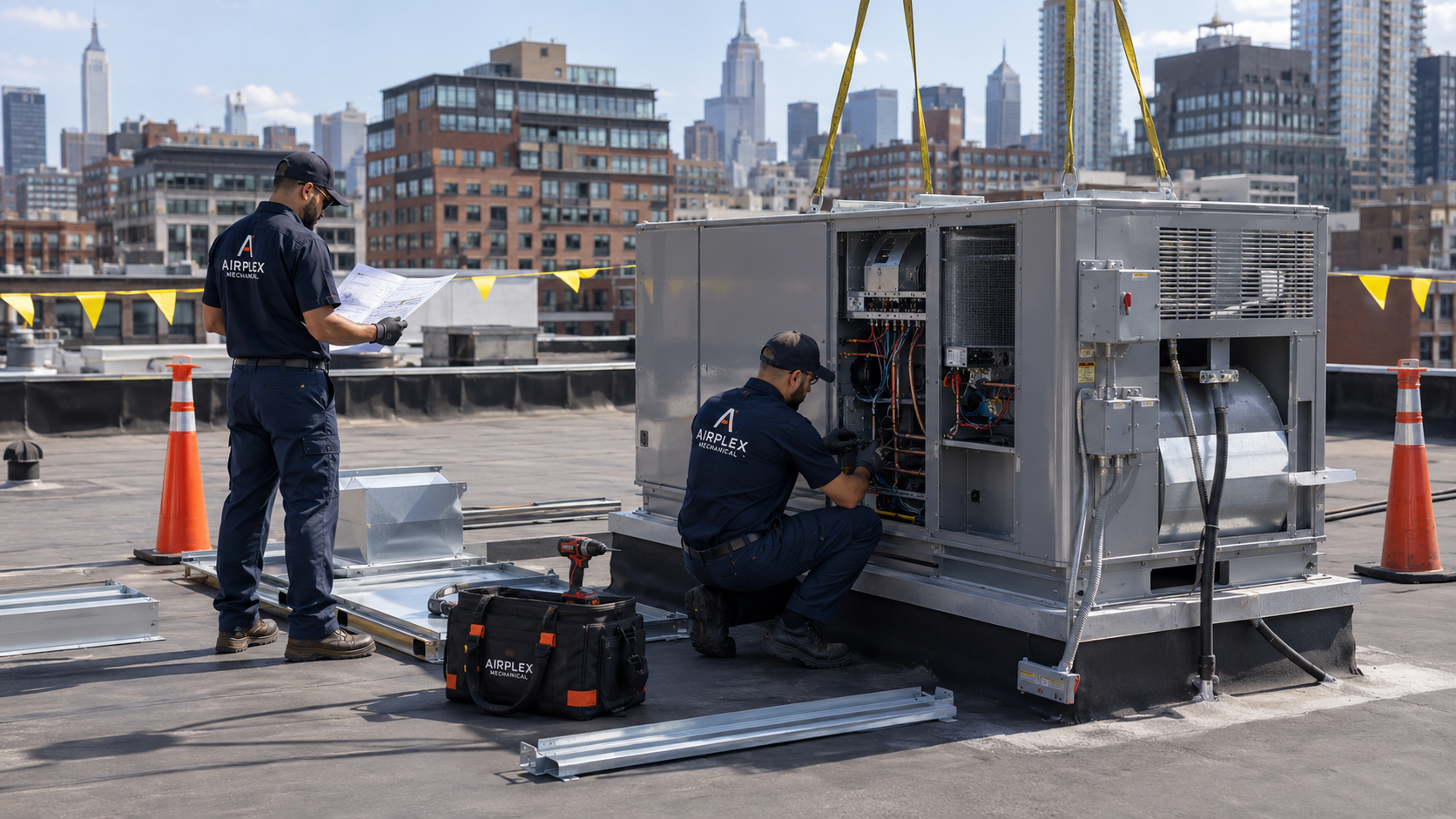 Airplex Mechanical technicians coordinating an organized rooftop HVAC replacement project.
