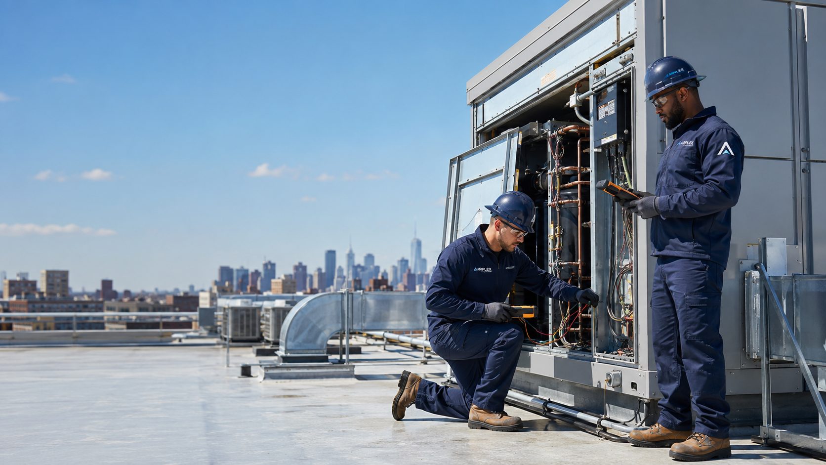 Airplex Mechanical rooftop HVAC service team working on commercial equipment.