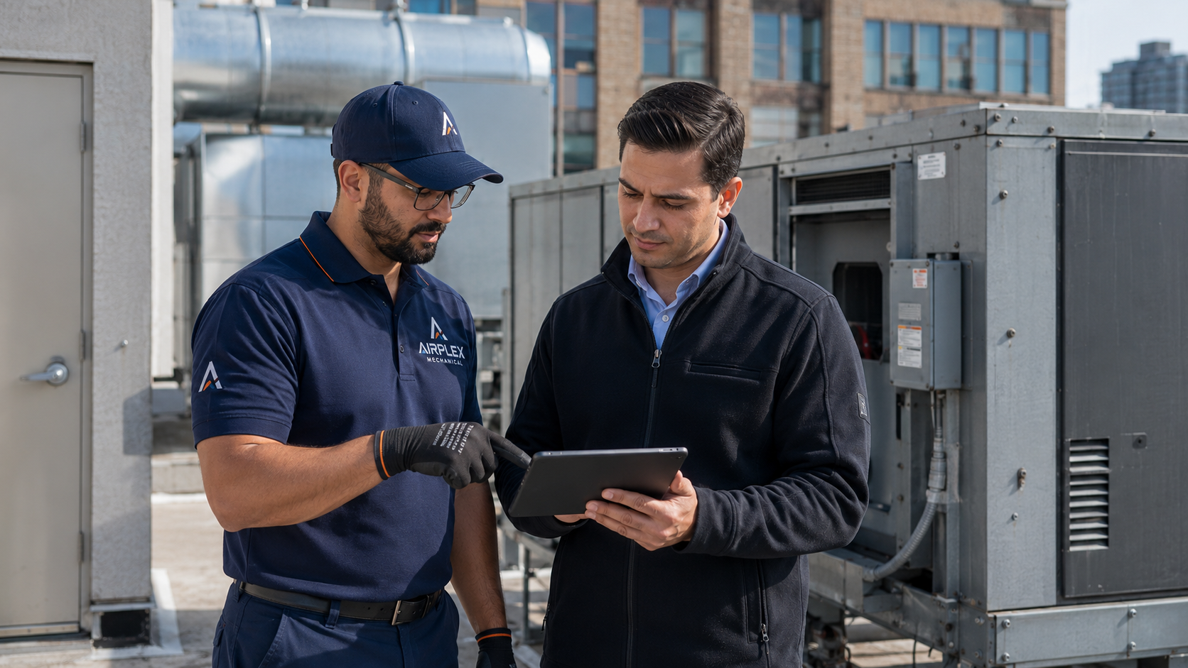 Airplex Mechanical technician reviewing rooftop HVAC information with a property representative.