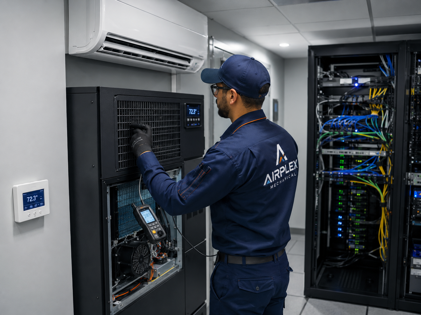 Airplex Mechanical technician maintaining critical cooling equipment in a server room.