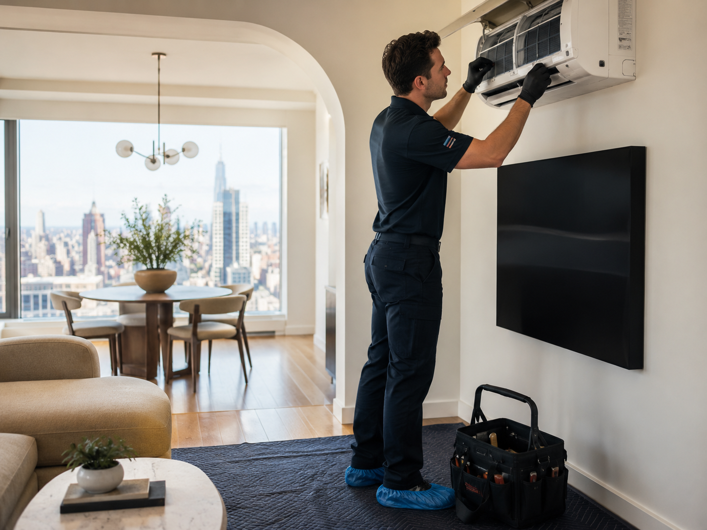 Airplex Mechanical technician servicing a residential air conditioning unit.