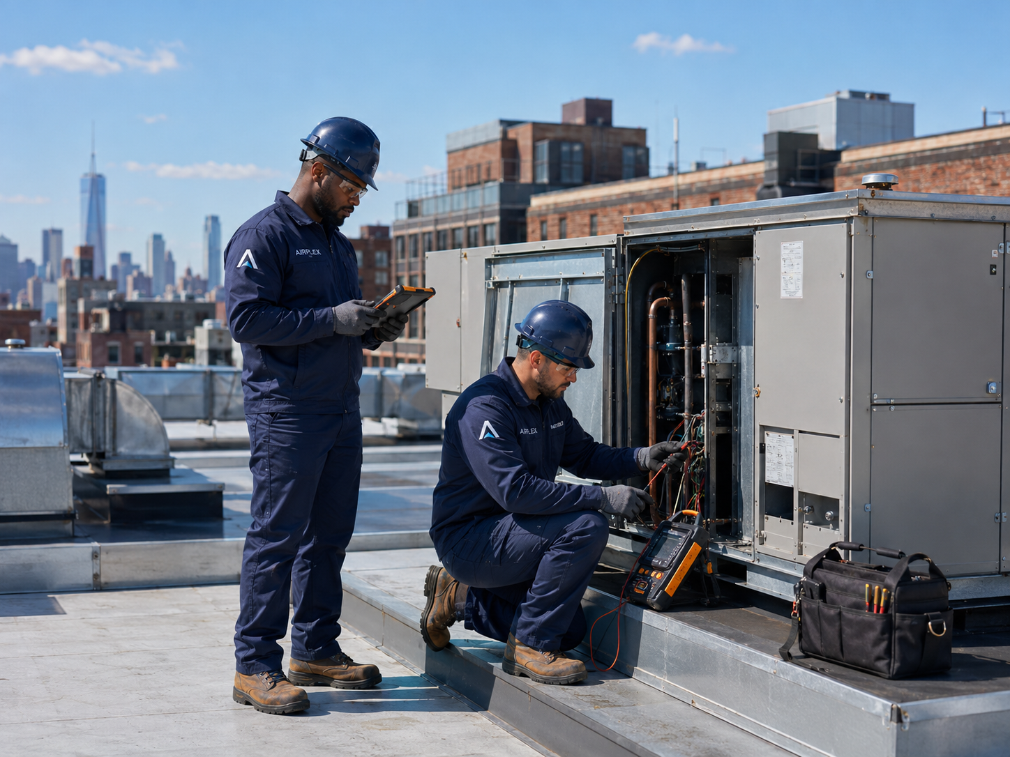 Airplex Mechanical technicians servicing commercial rooftop HVAC equipment.