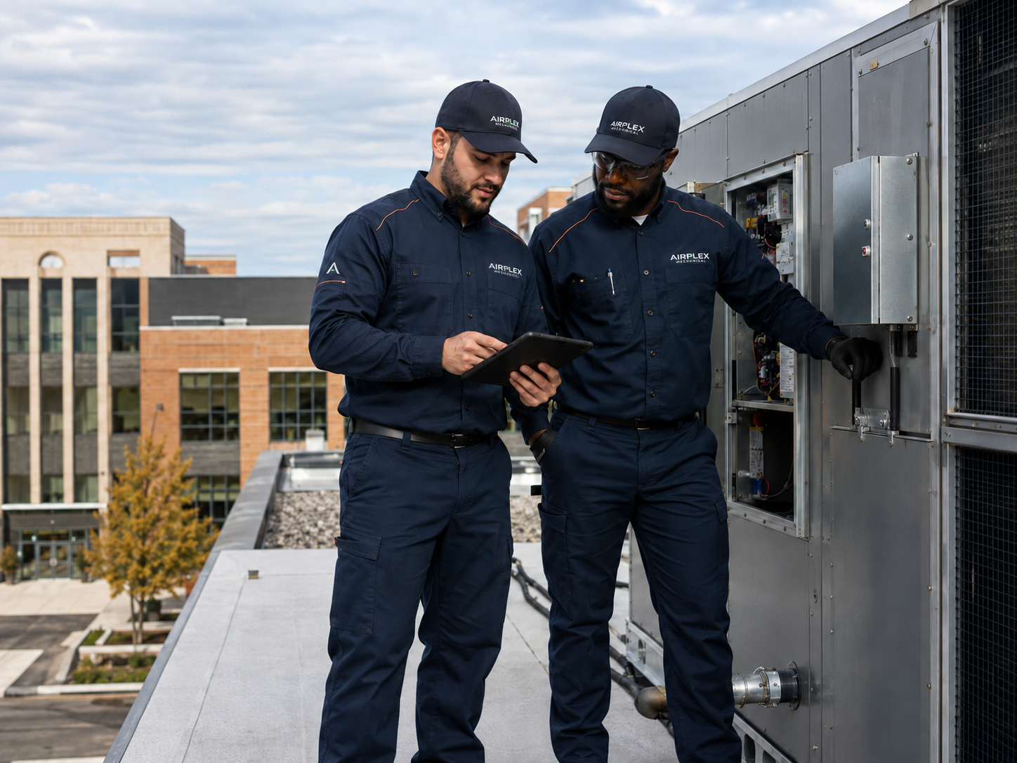 Airplex Mechanical technicians inspecting rooftop HVAC equipment at an institutional facility.